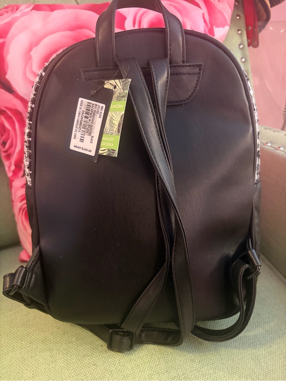 Badgley Mischka Black Quilted Backpack with Black-and-White Tweed Pocket - Picture 6 of 7